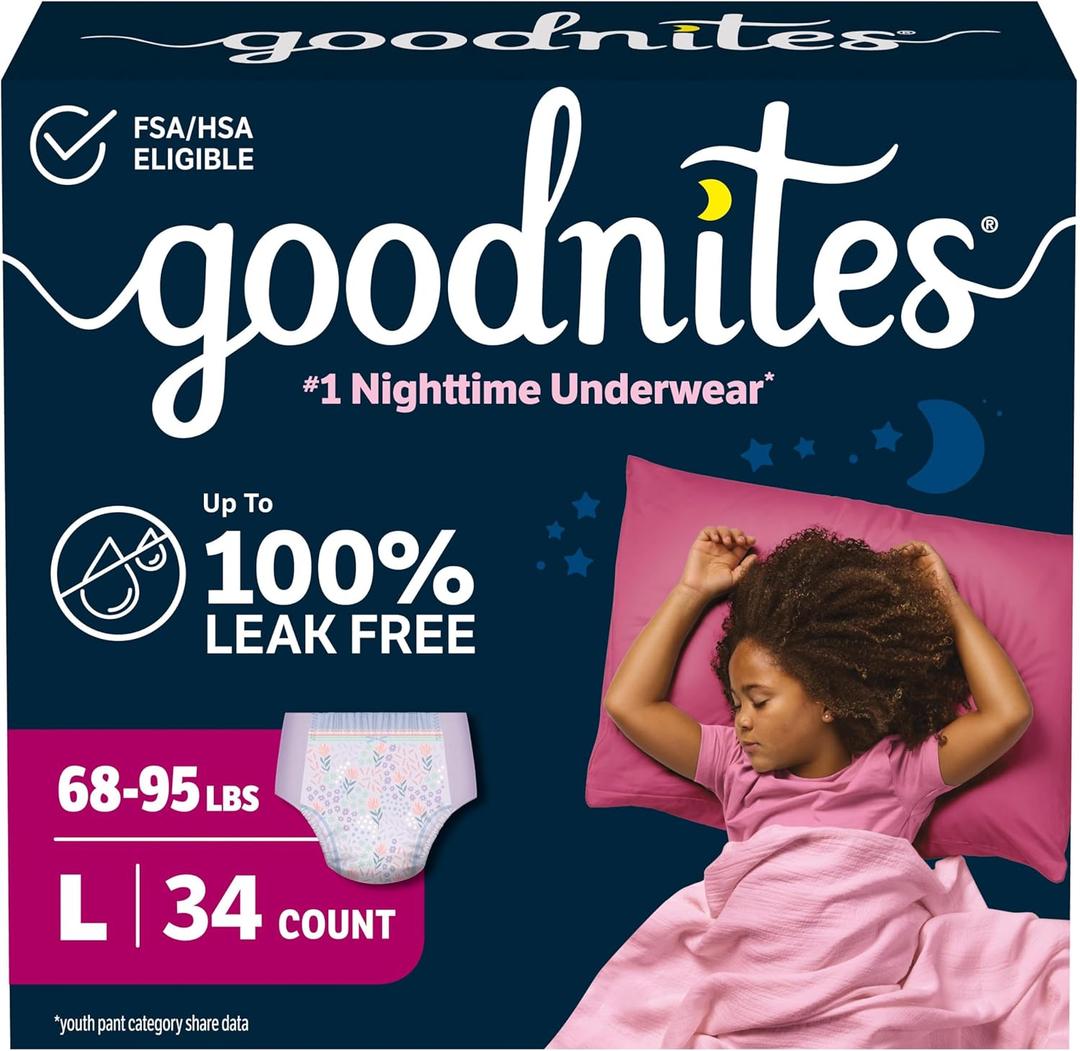 Goodnites Girls' Nighttime Bedwetting Underwear, Size Large (68-95 lbs), 34 Ct (2 Packs of 17), Packaging May Vary