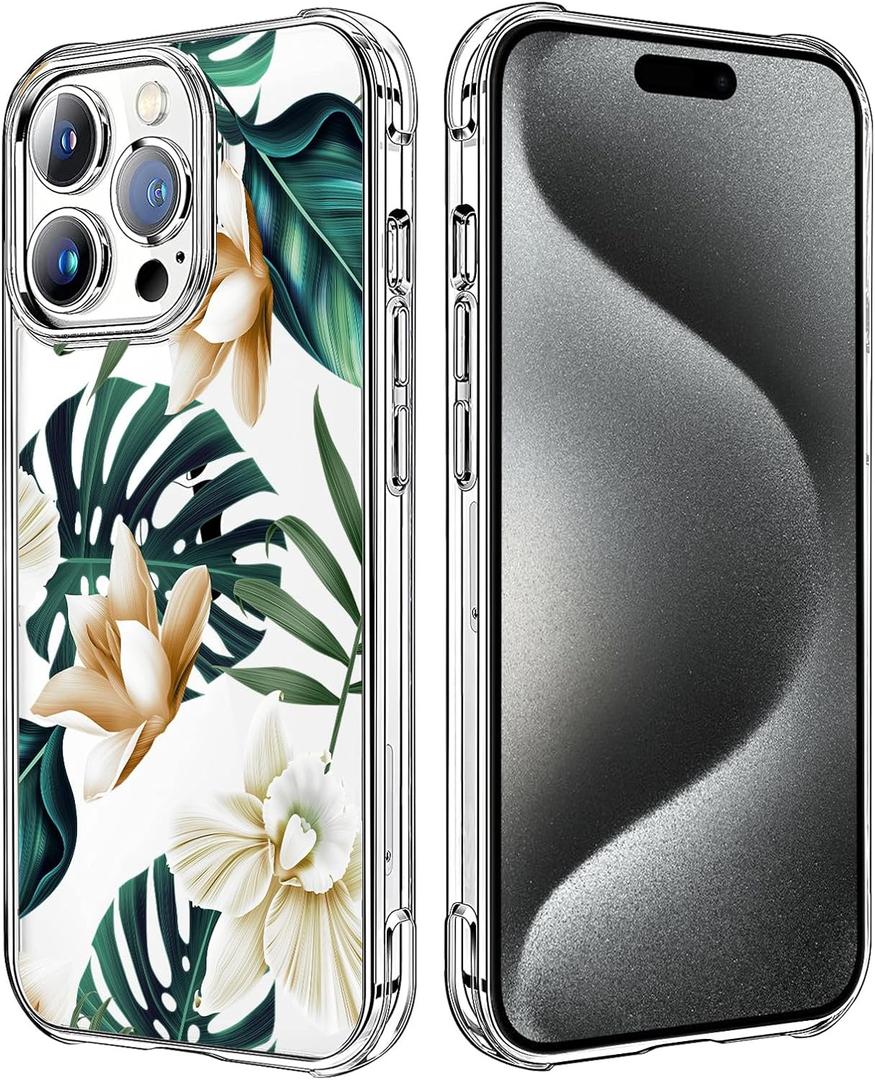 Flower Case Compatible with iPhone 15 Pro Max, Tropical Floral Girls and Women Back Case Cover, Trendy Flower Phone Case, Cute Floral Transparent Flexible TPU Bumper Protective Case