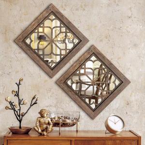 Boho Wall Mirror Decor, Set of 2 Rustic Farmhouse Mirror 12x12 Inch, Square Shatterproof Vintage Style Mirrors for Wall, Small Decorative Mirrors for Living Room, Bedroom(Redbrown)
