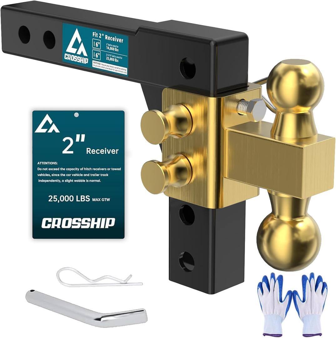 CROSSHIP Adjustable Drawbar Trailer Hitch, Fits 2-Inch Receiver, 6-Inch Drop/Rise Drop Hitch,Solid 2" & 2-5/16" Balls Mount & Tube Shank, 25,000 LBS GTW Towing for Heavy Duty Trucks