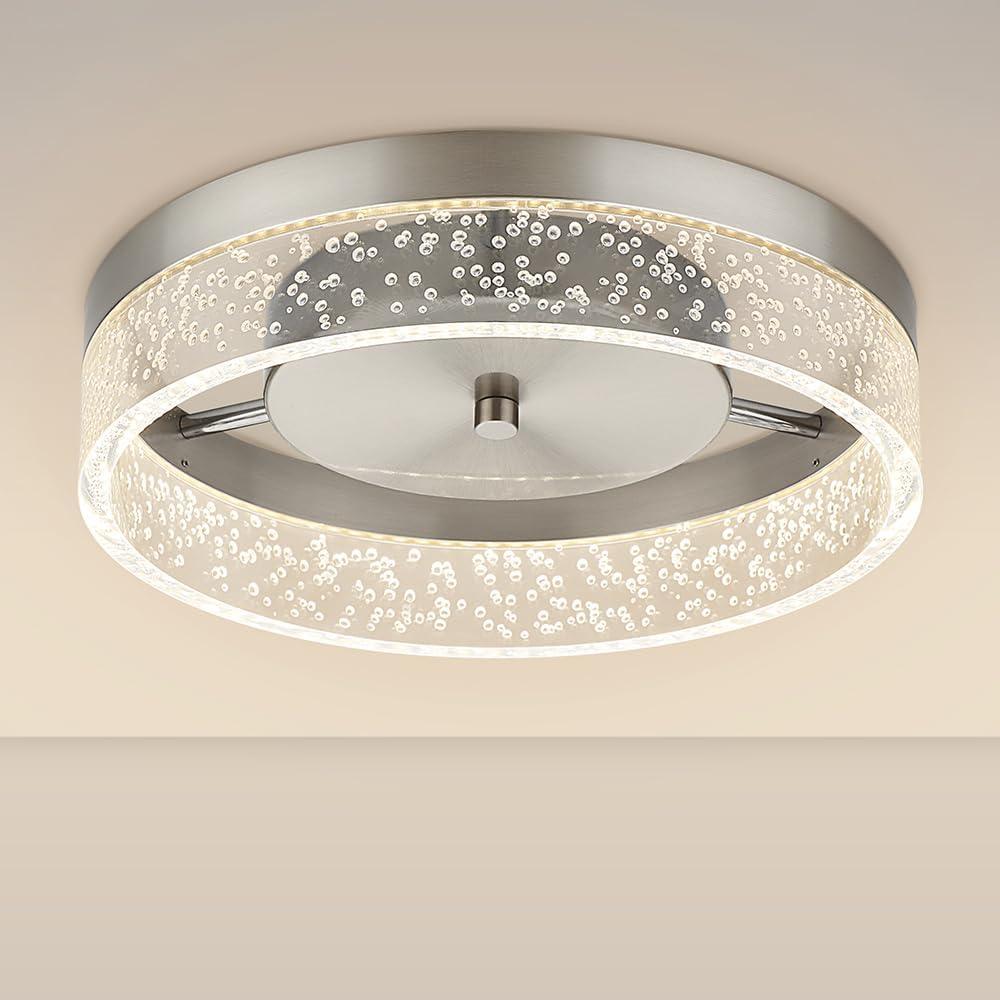LED Flush Mount Ceiling Light Fixture, 12In Crystal Chandelier with Clear Bubble Acrylic, Modern Ceiling Lighting for Dining Room, Bedroom, Living Room, Kitchen, Brushed Nickel, 4000K Dimmable