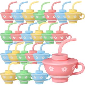 Zhehao 24 Pieces Plastic Kids Tea Cups with Lids and Straws for Tea Party, 9 oz Reusable Creative Party Cups Bulk for Birthday Baby Shower Princess Supplies