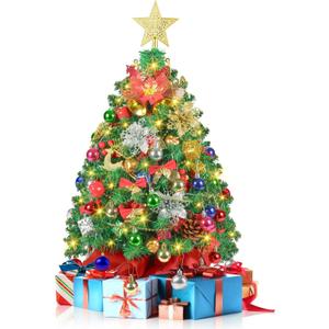 2FT Mini Christmas Tree, Small Christmas Tree with Lights, Prelit Tabletop Christmas Tree with 100 Branch Tips and 80+ DIY Ornaments, Christmas Decorations Indoor and Gifts for Men Women (Pine Green)