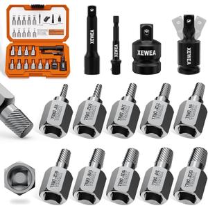 XEWEA 14PCS 3/8" Drive Screw Extractor Set, Multi-Spline Easy Out Bolt Remover Kit for Stripped Broken Bolts, Nuts & Screws, Heavy-Duty CR-MO Extraction Tools with Extension & Adapter Accessories