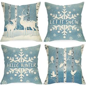 Hello Winter Snowflake Decorative Throw Pillow Covers 18x18 Set of 4, Let It Snow Wonderland Reindeer Bird Cushion Case Decor, Snowy Forest Farmhouse Home Christmas Decoration for Sofa Couch
