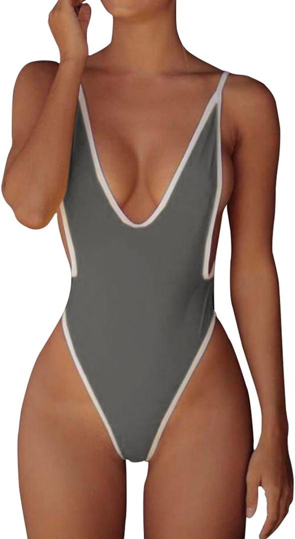 Swimsuits for Women Sexy Monokini Deep V One Piece Bathing Suits Backless Cheeky Swimwear Semi Thong Bikini (XL, Gray) 