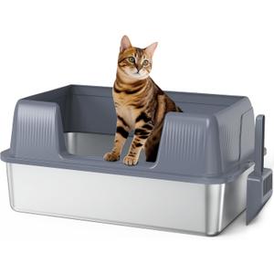 Vivifying Stainless Steel Cat Litter Box, XL Extra Large Semi-Enclosed Metal Pan with Side Entry, Scoop Included, Open Top Potty for Indoor Big Cats & Kitty, Easy to Clean & Odor Resistant (XL without step, Gray)
