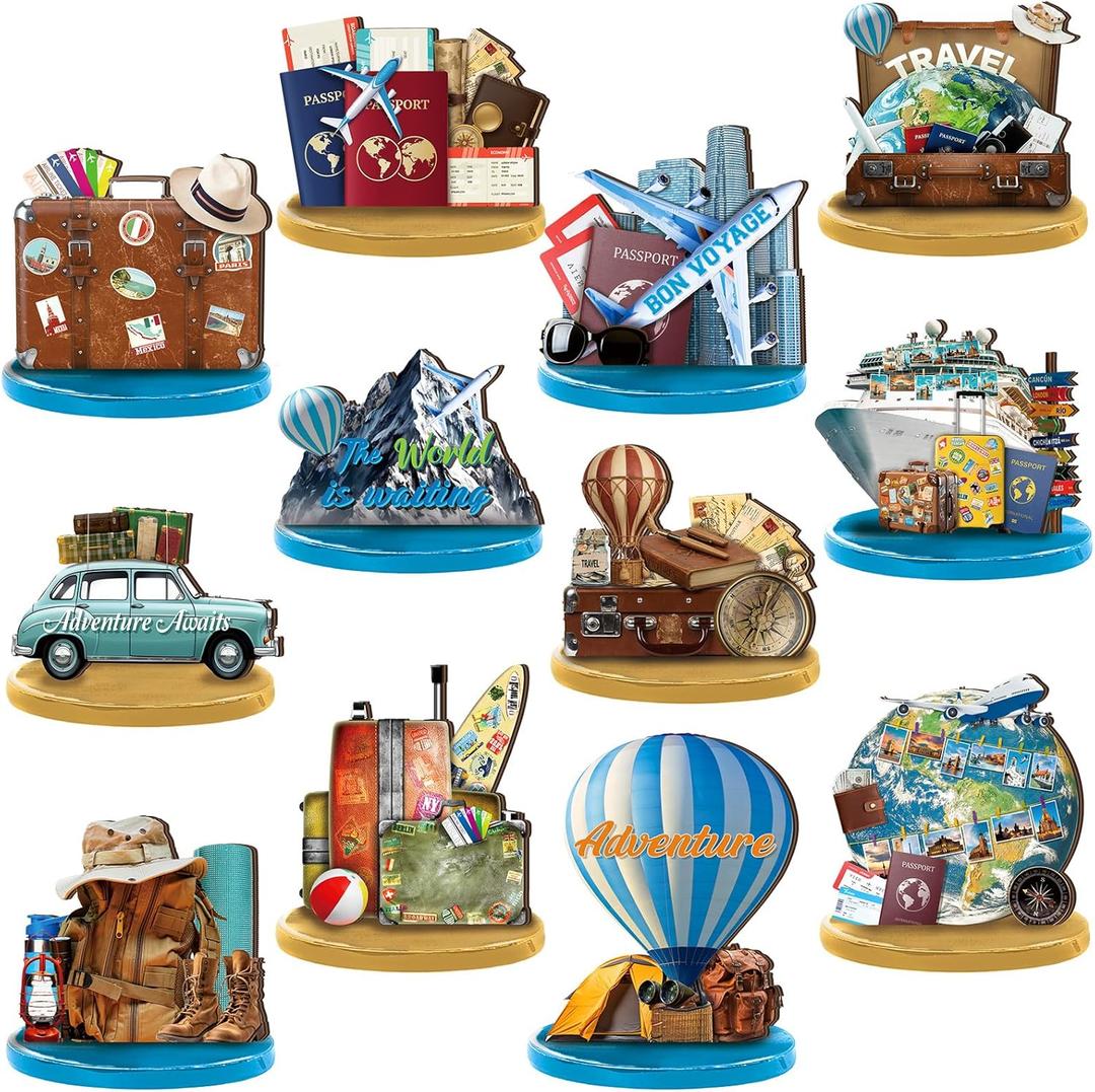 Wesiti 12 Pcs Travel Table Decorations Wooden Travel Tabletop Centerpiece Adventure Awaits Party Decor Around the World Table Toppers for Let the Adventure Begin Going Away Party Supplies