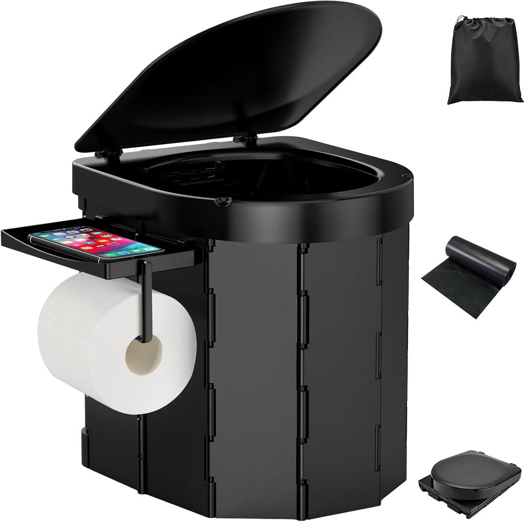 Portable Camping Toilet, Foldable Toilet for Adults with Detachable Phone Shelf and Toilet Paper Holder, Waterproof Porta Potty with Lid for Camping, Hiking, RV Travel, Road Trips (Black)