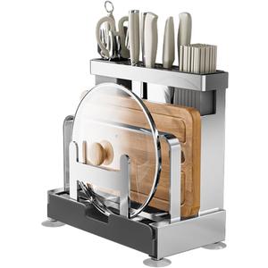 Multifunctional Cutting Board, Knife Drying Rack Kitchen Countertop Pot Lids Organizer, Knife Block Holder with Drain Tray Utensil Holders Bakeware Cookware Chopping Board Storage Stand