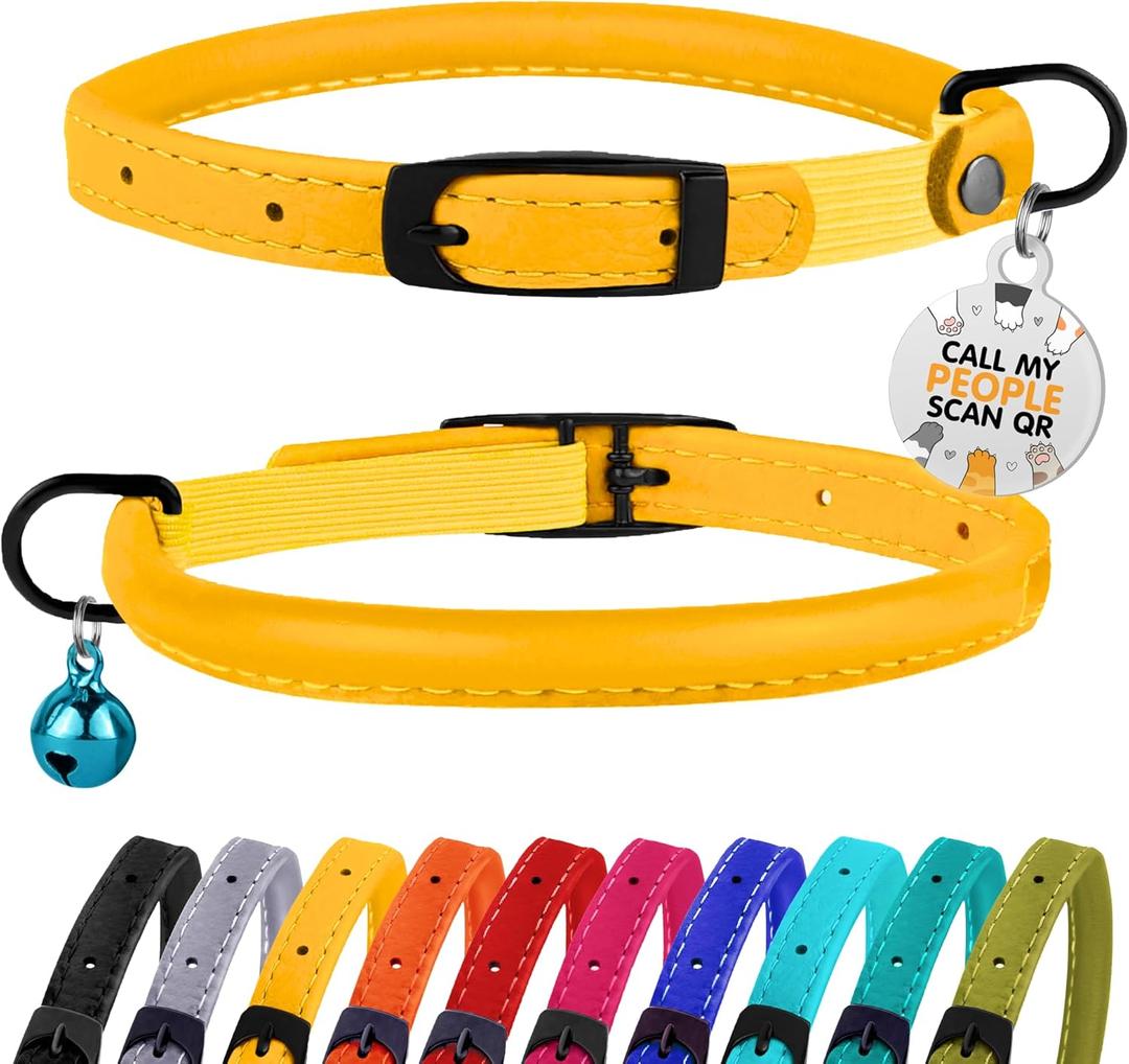 BRONZEDOG Cat Collar with Bell Kitten Rolled Leather Collars Safety QR ID Name Tag (Mustard Yellow)