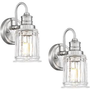 Bathroom Wall Sconces Brushed Nickel, HWH Modern Bathroom Vanity Wall Light Sconce Wall Lighting Set of 2, 1-Light Wall Sconce Bell-Shaped Fluted Glass, 5HZG106B-2 BN