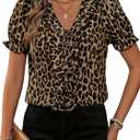 Milumia Women's Leopard Print Ruffle Trim Blouse V Neck Short Puff Sleeve Casual Work Shirt Tops (L)