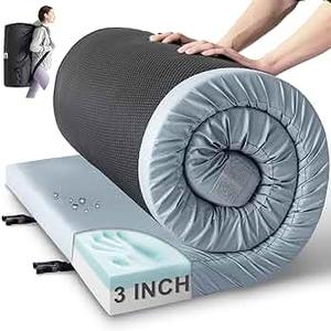 Kingfun 3 Inch CertiPUR-US Memory Foam Camping Mattress Pad, Waterproof Roll up Sleeping Pad, Thick Floor Sleeping Mats for Tent with Removable Travel Bag(Light Blue, Cot)