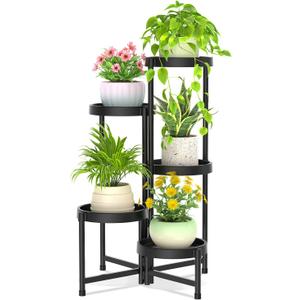iDavosic.ly 5 Tier Folding Plant Stand Indoor Outdoor with Plastic Tray, Tiered Corner Flower Holder Shelf, Metal Orchid Display Rack for Patio Porch Living Room Garden Balcony, Modern Black
