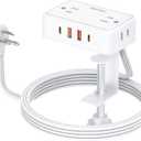 Desk Clamp Power Strip, Desktop Mount Charging Station with 4 Outlets 4 USB Ports (2 USB C), 10Ft Under Desk Power Strip, Fits 2.75" Tabletop Edge, Extension Cord for Home Office, White