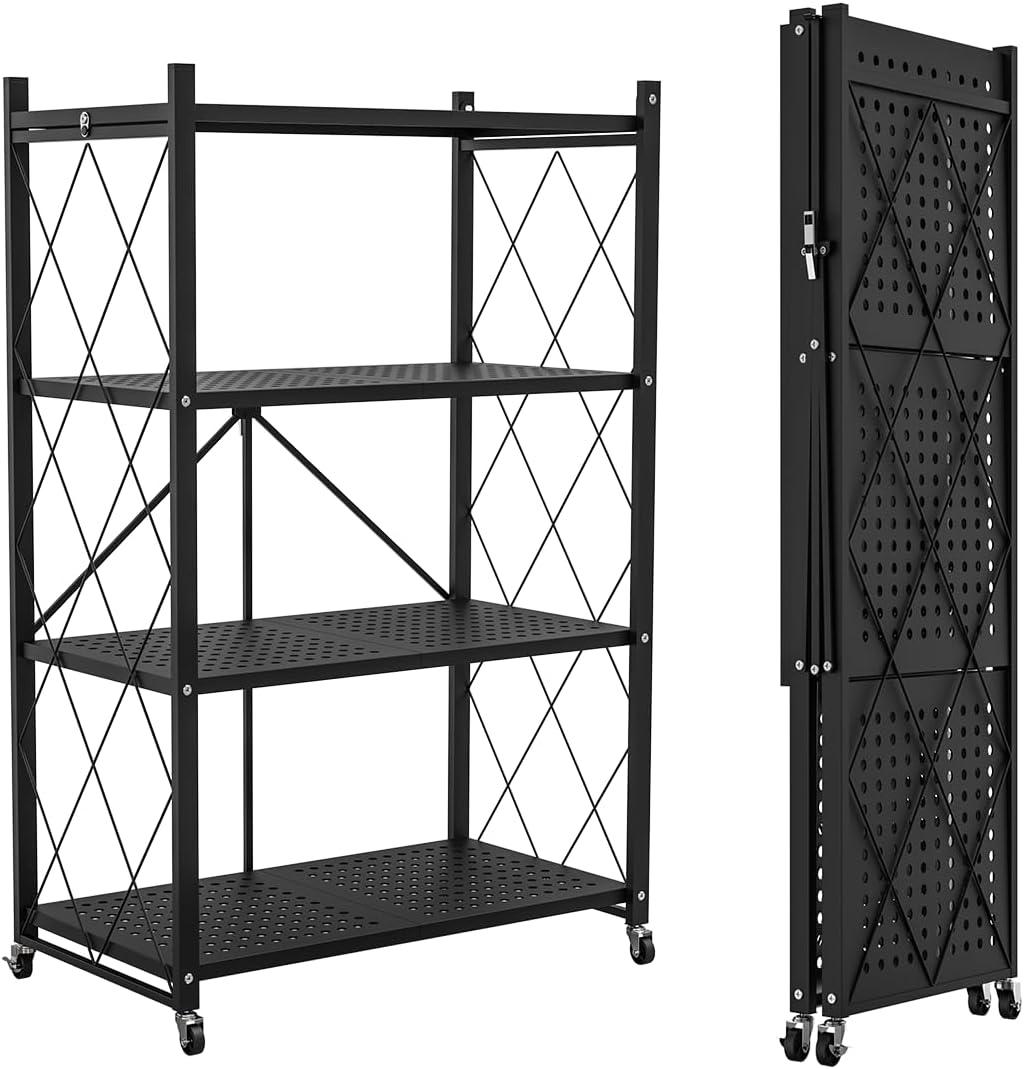 Lifetime Home 4-Tier Foldable Storage Shelf with Wheels - Metal Rack Collapsible Shelving Unit Display, Rolling Cart for Books Kitchen Storage Shelves, Pantry & Closet Organizer, Office Room Decor (Black)