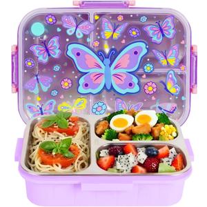 Stainless Steel Bento Lunch Box for Kids, 800ml/27oz BPA-Free Leak-Proof Food Containers with 3 Compartments, Freezer & Dishwasher Safe, Back to School Students Lunches Size for Ages 3-7 (B05. Butterfly)