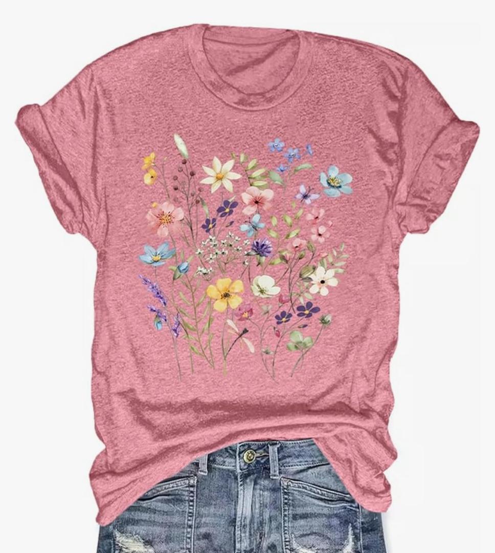 Women's Boho Wildflower Graphic Loose Tees Vintage Floral Short Sleeve T-Shirts Summer Cotton Tee Tops S