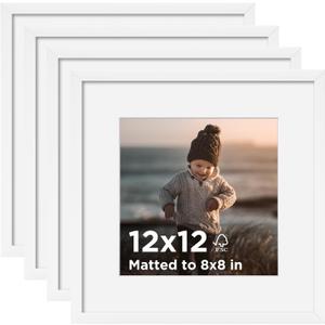 KINLINK 12x12 Picture Frame White Set of 4, Wooden Square Photo Frames Matted 8x8 with Plexiglass for 8x8 with Mat or 12x12 without Mat for Table and Wall Display