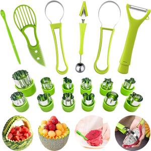 18pcs Melon Baller Scoop Set, FODIENS 4 In 1 Stainless Steel Fruit Slicer Peeler Set, Avocado Slicer Orange Peeler Fruits Vegetables Carving Tools Set with Mini Fruit Cookie Cutters Set