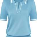 Kate Kasin Women Short Sleeve Polo Sweater V Neck Knitted Tops Casual Ribbed Shirt Loose Pullover Sweater (Blue, XL)