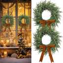2 Pcs Light Up Christmas Norfolk Pine Wreaths with Bow 20 Inch Lighted Real Touch Xmas Wreaths LED Artificial Realistic for Indoor Outdoor Windows Porch Wall Home Decor(Gold Bow,Classic)