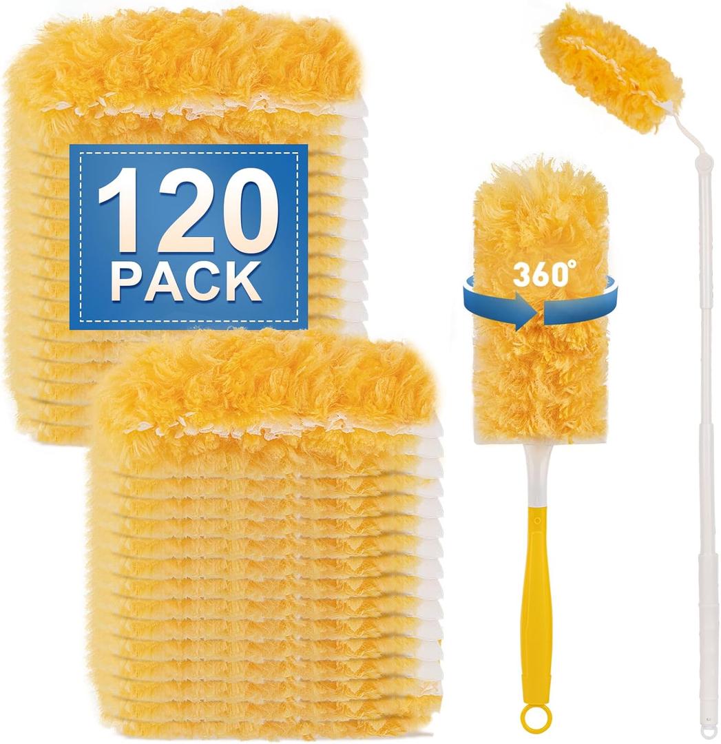 Heavy Duty Duster Refills, Disposable Dusters Kit for Cleaning Dusting Furniture Blind Ceiling Fan, Multi Surface 360 Feather Duster(120)+3FT Extended Handle +1 Handle