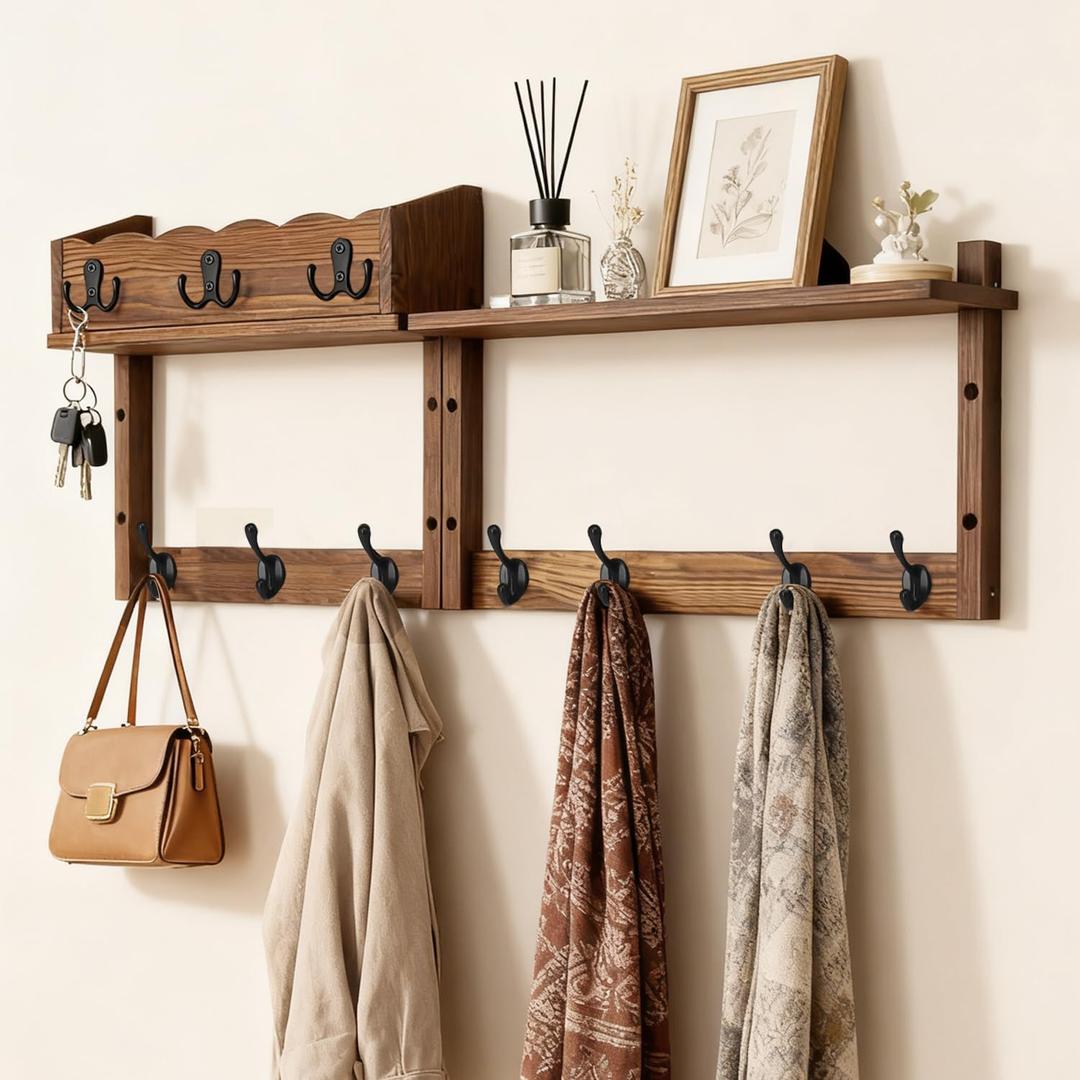 28" Coat Rack Wall Mount with Shelf, Entryway Key Holder Wall Mount Wood Wall Coat Hooks with 7 Hooks 3 Key Hanger, Wall Mounted Coat Rack Mail Holder for Living Room, Bedroom