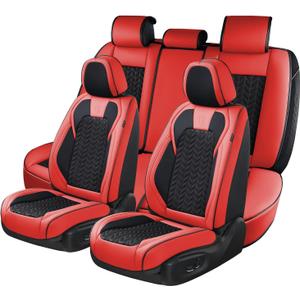 Coverado Seat Covers Full Set, 5 Seats Car Seat Cover Winter, Front and Back Seat Covers for Cars, Breathable Faux Leather Car Seat Cushion, Car Seat Protector Universal Fit for Most Cars Vans, Red (FullSet)