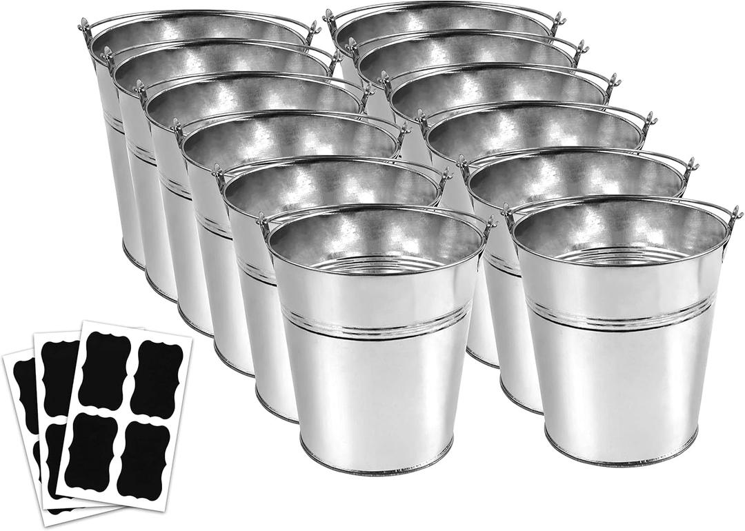12 Metal Buckets with Chalkboard Stickers, Small Galvanized Pail for Party and Wedding, 5 Inch Tin Buckets, Garden Planters, (tie Tong)
