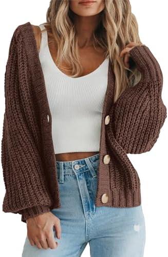 PRETTYGARDEN Women's Chunky Knit Open Front Sweater Long Sleeve Button Loose Short Cardigan Outerwear Coats, XS