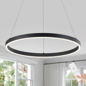 Benkut LED Ring Chandelier Black Dimmable Circular Pendant Light Fixture | Modern Chandelier Dimmable Dining Room Light with Remote, Round LED Pendant Light for Kitchen Island Living Room, D24in