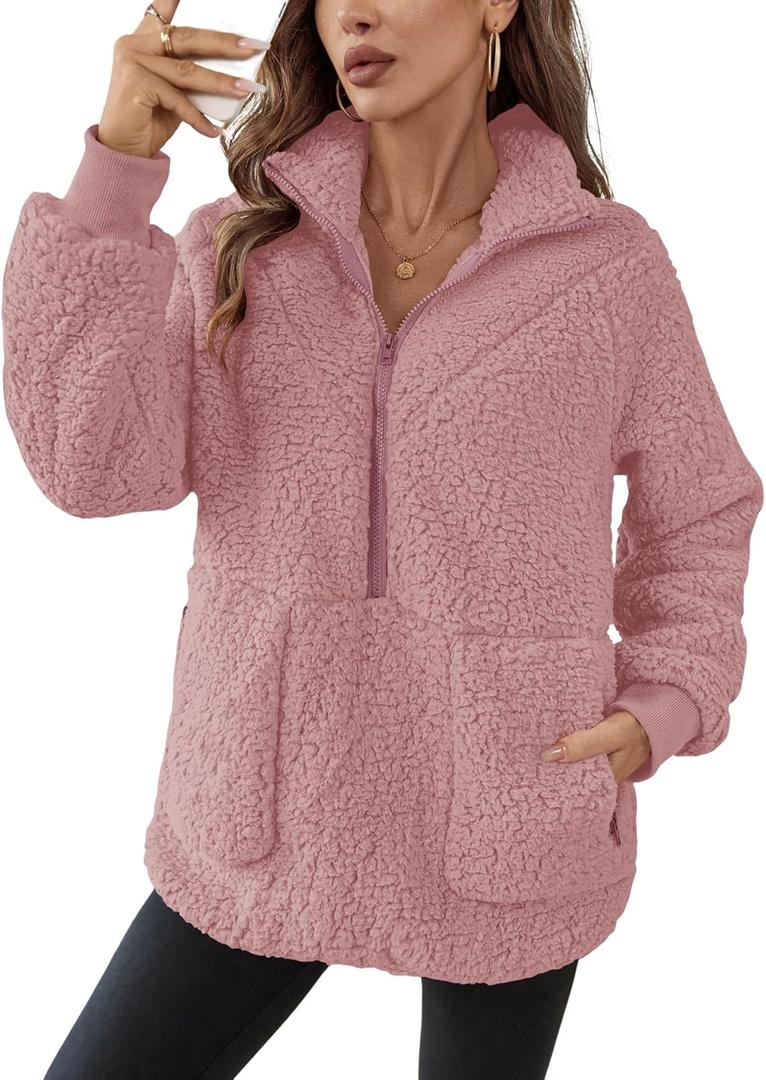 Rapbin Women Half Zip Pullover Long Sleeve Casual Fuzzy Sherpa Fleece Jacket Sweatshirts Winter Outerwear Top with Pockets (Small, Pink-solid)