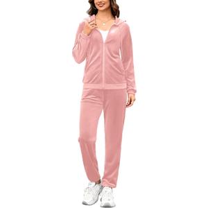 Womens 2 Piece Sweatsuits Set Velvet Long Sleeve Zip Up Track Suits Jogging Suit (Medium, Pink)