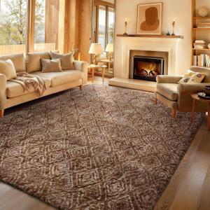 Ophanie 9x12 Brown and White Diamond Striped Rugs for Living Room,Large Fluffy Shag Fuzzy Plush Soft Carpets, Shaggy Rug for Bedroom, Carpet for Kids Boys Girls Dorm Nursery Home Decor Aesthetic