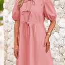 PRETTYGARDEN Womens 2025 Summer Casual Short Sleeve Dresses A Line Bow Tie Front Babydoll Loose Cute Mini Dress with Pockets (S)