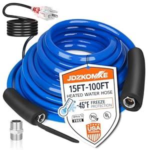 JDZKOMKE 25FT(15FT25FT) Heated RV Water Hose  Freeze Protection Down to 45Â°F, HeavyDuty PVC & Brass Fittings, 1/2" ID LeadFree Hose for Camping/Poultry Farms