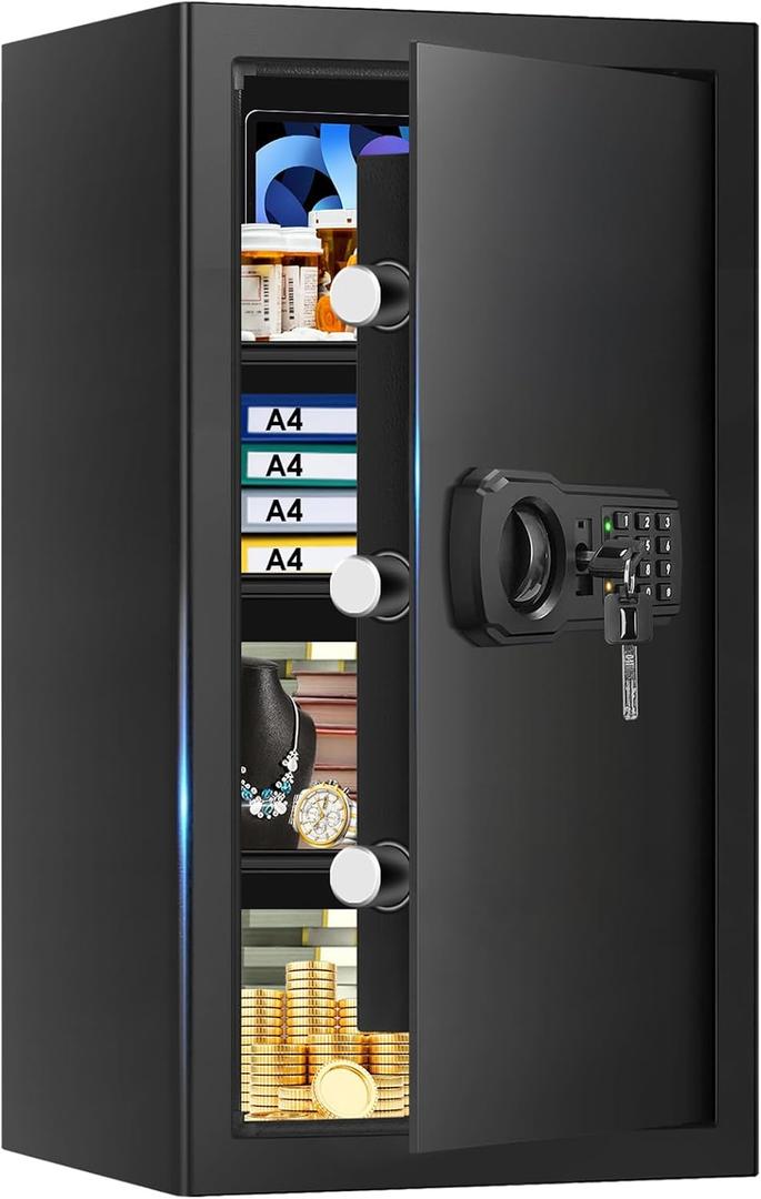 6.2 Cuft Large Safes for Home Use Fire and Water proof, Digital Keypad Safe with Key Lock, Anti-Pry Home Office Security Safe for Cash, Jewelry, Document, 3 Removable Shelf, 27.56"H x13.78"W x 11.81"D