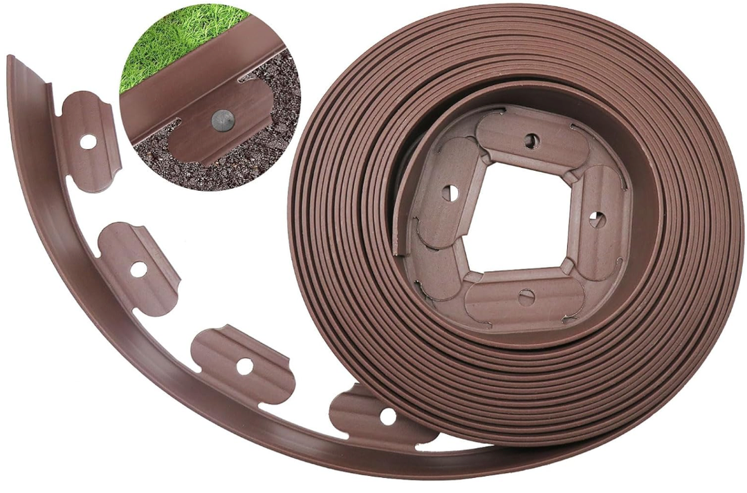 Landscape Edging Kit, Brown Garden Border with Plastic Stakes, Landscaping Roll for Flower Bed Lawn Driveway Yard