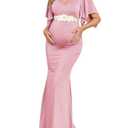 AISWI Maxi Maternity Dress Semi Formal Baby Shower Wedding Guest V-Neck Handkerchief Sleeves Elegant, Sparkly Pink, X-Large