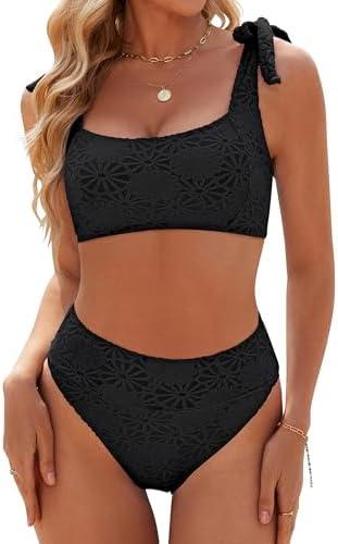 Blooming Jelly Womens High Waisted Bikini Set Tie Strap Jacquard Terry Cloth 2 Piece Swimsuit Modest Cute Retro Bathing Suit, S