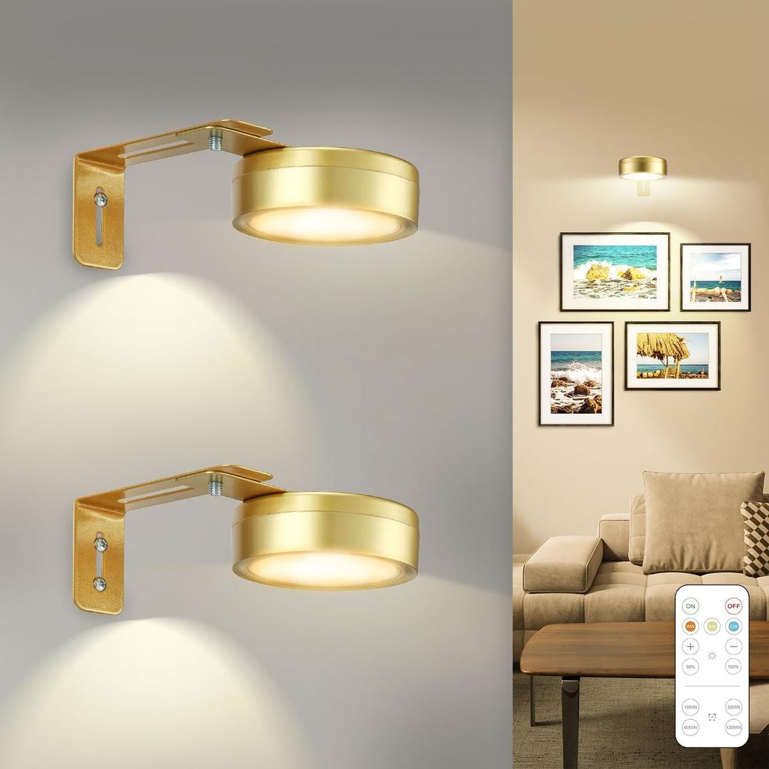 2 Pack Gold Battery Operated Picture Light, Wireless Picture Lights for Wall with Remote Dimmable Timer, Lighting Modes Pictures Frame Lights for Artworking, Magnetic Painting Light Wall Decor