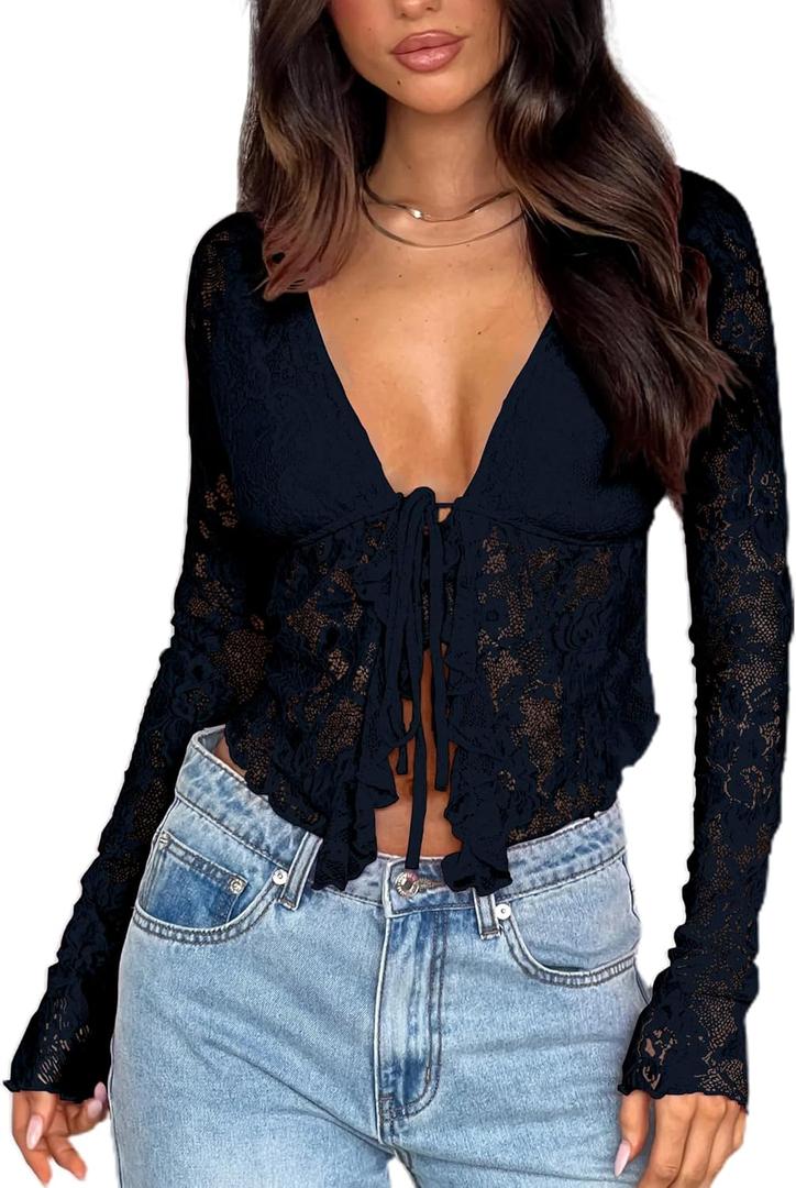 Women's Sexy Open Front Tie Long Sleeve Ruffle Trim Sheer Mesh Lace Crop Tops Blouses (Large, Black)