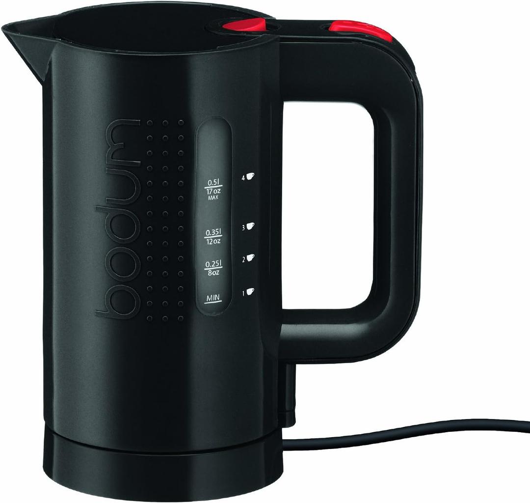 Bodum 17oz Bistro Electric Water Kettle For Coffee & Tea, BPA-Free Plastic, Rapid-Boil, Auto Shut-Off, Black (0.5 Quarts, Black)