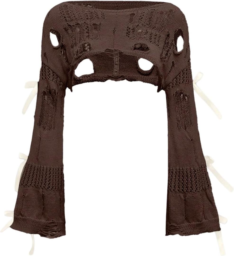 BEAUDRM Women's Crochet Bolero Shrug Bell Sleeve Sweater Whimsical Clothes | Bow, Pullover Top, Distressed Crop Top, Grunge Clothes, Goth Clothes, Concert Outfits (Brown) XS