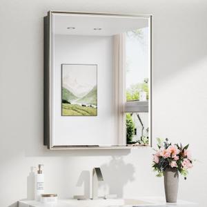 TokeShimi 24x30 Bathroom Mirrored Medicine Cabinet, Recessed Medicine Cabinet with Mirror, Aluminum Framed Brushed Nickel Mirror with Storage Adjustable and Quiet Hinge