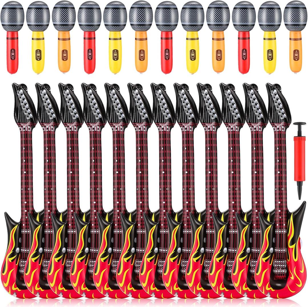 25 Pcs Inflatable Guitar Set 12 Pcs 35 Inch Red Blow Guitars 12 Inflatable Microphone with a Pump for 80s 90s Party Carnival Party Decorations