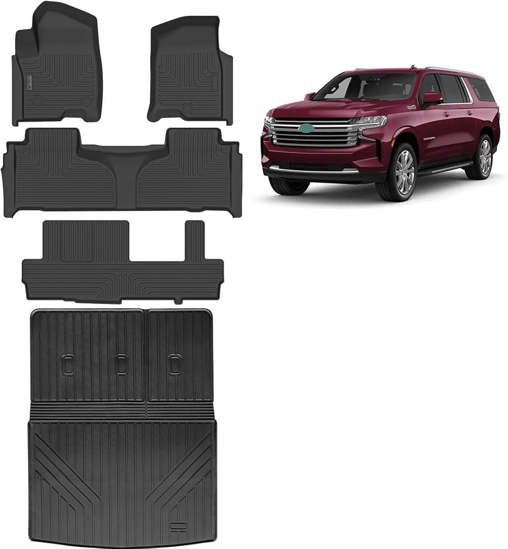 Floor Mats & Trunk Mat for 2021 2022 2023 2024 Chevrolet Chevy Suburban 8 Seats-2nd Row Bench Seat GMC Yukon XLNon Short axis Cadillac Escalade ESV Floor Liners & Cargo Liners
