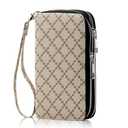 HAWEE Cellphone Wallet for Women Dual Zipper Long Purse with Removable Wristlet, Khaki Grille